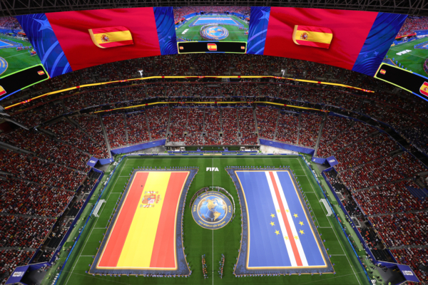 ATLANTA, GEORGIA - JUNE 15: A general view as players line up before the FIFA World Cup 2026 Group H match between Spain and Cabo Verde at Atlanta Stadium on June 15, 2026 in Atlanta, Georgia.