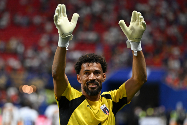 Cape Verde's goalkeeper #01 Vozinha celebrates at the end of the 2026 World Cup Group H football match between Spain and Cape Verde at the Atlanta Stadium in Atlanta on June 15, 2026.