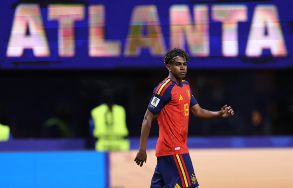 ATLANTA, GEORGIA - JUNE 15: Lamine Yamal #19 of Spain looks on during the FIFA World Cup 2026 Group H match between Spain and Cabo Verde at Atlanta Stadium on June 15, 2026 in Atlanta, Georgia.