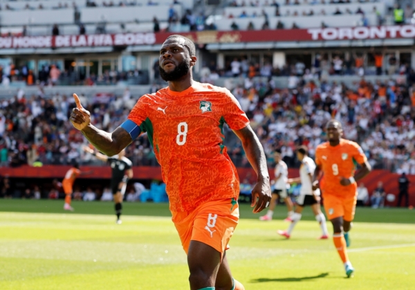 TORONTO, ONTARIO - JUNE 20: Franck Kessie #8 of Cote d'Ivoire celebrates scoring his team's first goal during the FIFA World Cup 2026 Group E match between Germany and Cote D'Ivoire at Toronto Stadium on June 20, 2026 in Toronto, Ontario. 