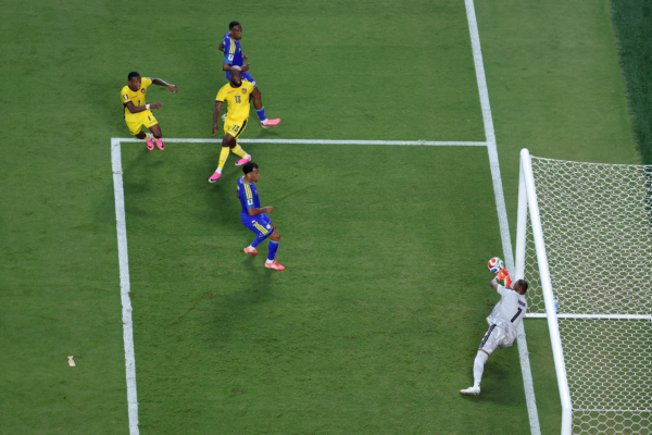 KANSAS CITY, MISSOURI - JUNE 20: Eloy Room #1 of Curacao makes a save against Enner Valencia #13 of Ecuador during the FIFA World Cup 2026 Group E match between Ecuador and Curacao at Kansas City Stadium on June 20, 2026 in Kansas City, Missouri.