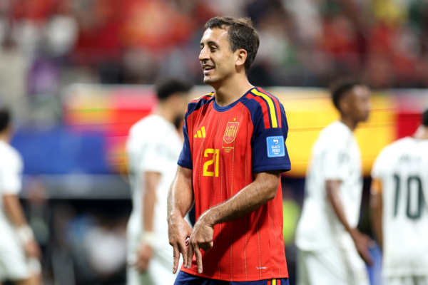 ATLANTA, GEORGIA - JUNE 21: Mikel Oyarzabal #21 of Spain celebrates after scoring his team's second goal during the FIFA World Cup 2026 Group H match between Spain and Saudi Arabia at Atlanta Stadium on June 21, 2026 in Atlanta, Georgia.