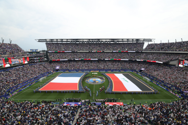 PHILADELPHIA, PENNSYLVANIA - JUNE 22: Players and match officials line up before the FIFA World Cup 2026 Group I match between France and Iraq at Philadelphia Stadium on June 22, 2026 in Philadelphia, Pennsylvania.