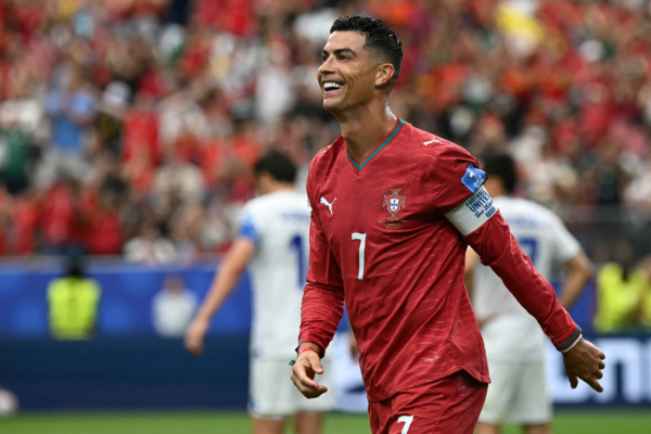 Portugal's forward #07 Cristiano Ronaldo reacts to his team's fourth goal during the 2026 World Cup Group K football match between Portugal and Uzbekistan at the Houston Stadium in Houston on June 23, 2026.