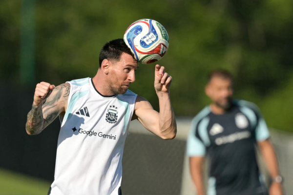 Argentina's forward #10 Lionel Messi heads the ball in a training session during the 2026 World Cup football tournament at Sporting KC Training Centre in Kansas City on June 24, 2026. 