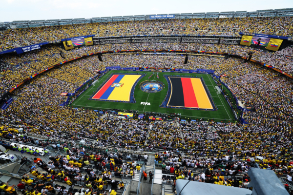 EAST RUTHERFORD, NEW JERSEY - JUNE 25: A general view as players line up during the FIFA World Cup 2026 Group E match between Ecuador and Germany at New York New Jersey Stadium on June 25, 2026 in East Rutherford, New Jersey. 