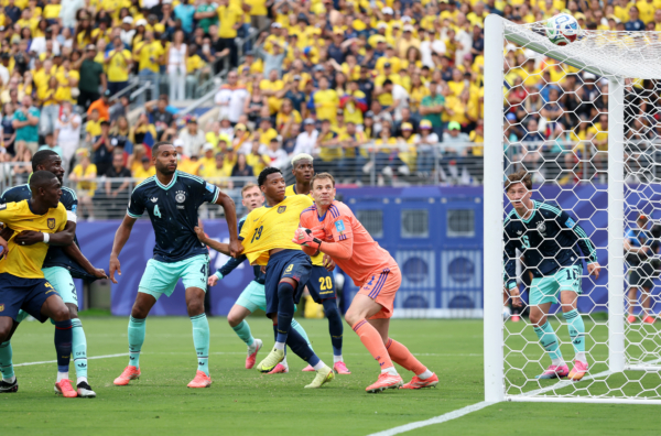 EAST RUTHERFORD, NEW JERSEY - JUNE 25: Gonzalo Plata #19 of Ecuador scores his team's second goal during the FIFA World Cup 2026 Group E match between Ecuador and Germany at New York New Jersey Stadium on June 25, 2026 in East Rutherford, New Jersey. 