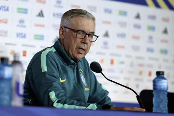 HOUSTON, TEXAS - JUNE 28: Carlo Ancelotti of Brazil speaks during the training and press conference of Brazil one day ahead of the FIFA World Cup 2026 Round Of 32 match between Brazil and Japan at Houston Stadium on June 28, 2026 in Houston, Texas. 