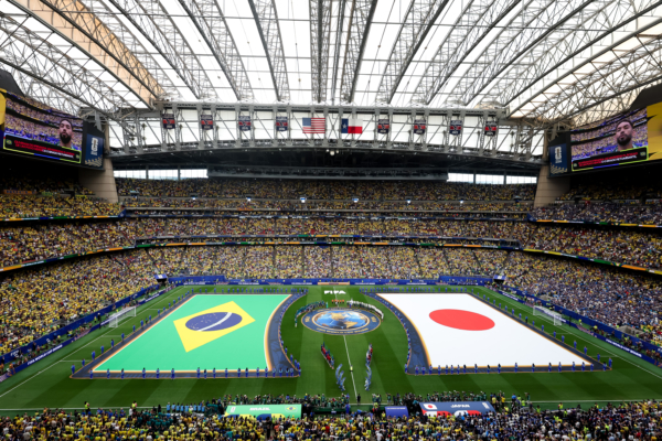 HOUSTON, TEXAS - JUNE 29: Players line up before the FIFA World Cup 2026 Round Of 32 match between Brazil and Japan at Houston Stadium on June 29, 2026 in Houston, Texas. 