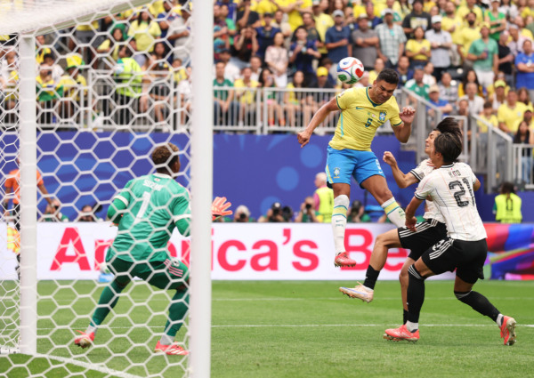 HOUSTON, TEXAS - JUNE 29: Casemiro #5 of Brazil scores his team's first goal during the FIFA World Cup 2026 Round Of 32 match between Brazil and Japan at Houston Stadium on June 29, 2026 in Houston, Texas. 