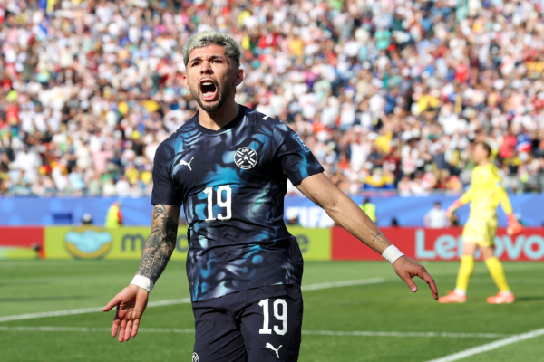 FOXBOROUGH, MASSACHUSETTS - JUNE 29: Julio Enciso #19 of Paraguay celebrates scoring his team's first goal during the FIFA World Cup 2026 Round Of 32 match between Germany and Paraguay at Boston Stadium on June 29, 2026 in Foxborough, Massachusetts. 