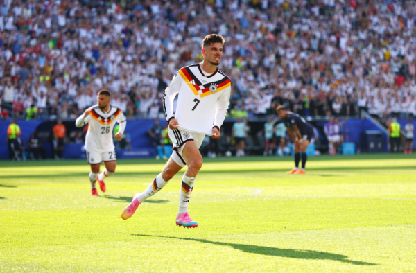 FOXBOROUGH, MASSACHUSETTS - JUNE 29: Kai Havertz #7 of Germany celebrates after scoring his team's first goal during the FIFA World Cup 2026 Round Of 32 match between Germany and Paraguay at Boston Stadium on June 29, 2026 in Foxborough, Massachusetts. 