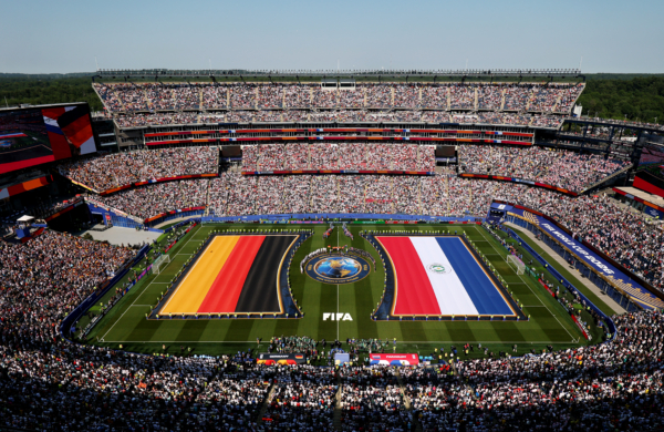 FOXBOROUGH, MASSACHUSETTS - JUNE 29: Players and match officials line up before the FIFA World Cup 2026 Round Of 32 match between Germany and Paraguay at Boston Stadium on June 29, 2026 in Foxborough, Massachusetts. 