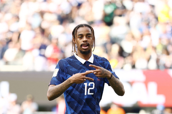 France's forward #12 Bradley Barcola celebrates scoring his team's second goal during the 2026 World Cup round of 32 football match between France and Sweden at the New York/New Jersey Stadium in East Rutherford on June 30, 2026.