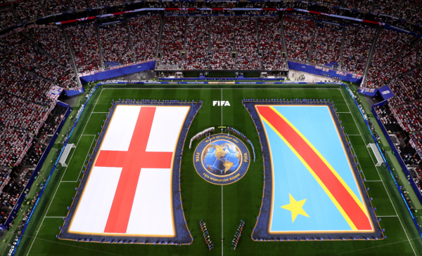 ATLANTA, GEORGIA - JULY 01: Players and match officials line up before the FIFA World Cup 2026 Round Of 32 match between England and Congo DR at Atlanta Stadium on July 01, 2026 in Atlanta, Georgia.