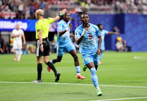 ATLANTA, GEORGIA - JULY 01: Brian Cipenga #9 of Congo DR celebrates scoring his team's first goal during the FIFA World Cup 2026 Round Of 32 match between England and Congo DR at Atlanta Stadium on July 01, 2026 in Atlanta, Georgia.