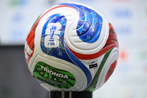 An official Trionda ball for the World Cup is seen in a press conference at the Monterrey stadium, Mexico on June 23, 2026, during the 2026 World Cup football tournament.