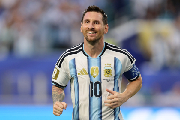 MIAMI GARDENS, FLORIDA - JULY 03: Lionel Messi #10 of Argentina celebrates after the team's second goal by Lisandro Martinez #6 during the FIFA World Cup 2026 Round of 32 match between Argentina and Cabo Verde at Miami Stadium on July 03, 2026 in Miami Gardens, Florida.