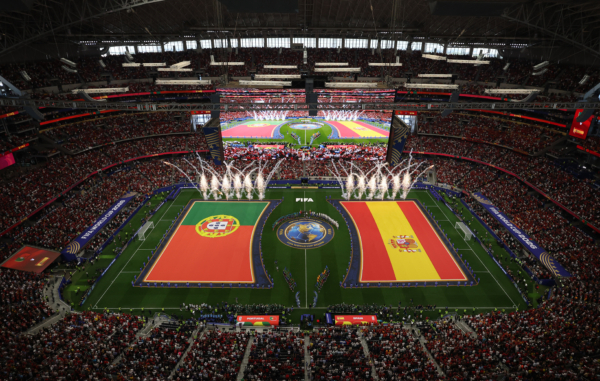 ARLINGTON, TEXAS - JULY 06: Players and match officials line up before the FIFA World Cup 2026 Round of 16 match between Portugal and Spain at Dallas Stadium on July 06, 2026 in Arlington, Texas.