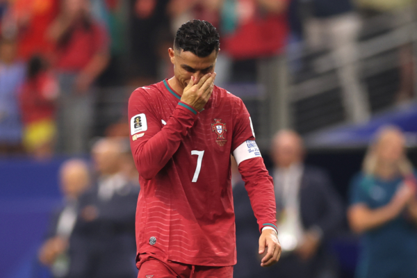 ARLINGTON, TEXAS - JULY 06: Cristiano Ronaldo #7 of Portugal shows dejection after the team's 0-1 defeat in the FIFA World Cup 2026 Round of 16 match between Portugal and Spain at Dallas Stadium on July 06, 2026 in Arlington, Texas.