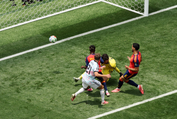INGLEWOOD, CALIFORNIA - JULY 10: Mikel Merino #6 of Spain scores his team's second goal past Senne Lammens #12 of Belgium during the FIFA World Cup 2026 Quarter Final match between Spain and Belgium at Los Angeles Stadium on July 10, 2026 in Inglewood, California.
