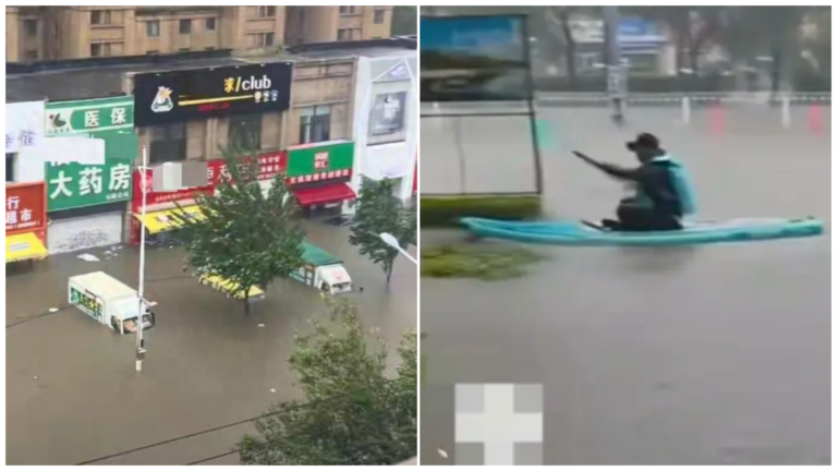 暴雨突襲瀋陽 街道積水成河 市民划船出行