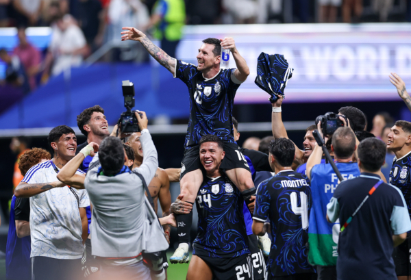 ATLANTA, GEORGIA - JULY 15: Lionel Messi #10 of Argentina celebrates with teammates after the 2-1 win during the FIFA World Cup 2026 Semi Final match between England and Argentina at Atlanta Stadium on July 15, 2026 in Atlanta, Georgia.