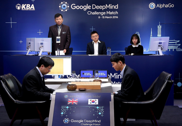 SEOUL, SOUTH KOREA - MARCH 10: In this handout image provided by Google, South Korean professional Go player Lee Se-Dol (R) prepares for his match against Google's artificial intelligence program, AlphaGo, during the Google DeepMind Challenge Match on March 10, 2016 in Seoul, South Korea. Lee Se-dol is playing a five-match series against a computer program developed by a Google, AlphaGo.
