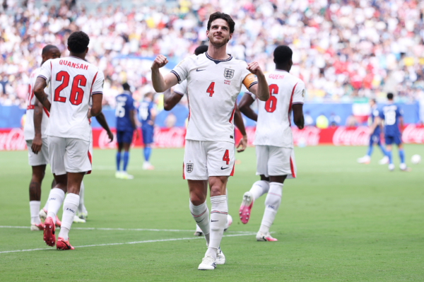 MIAMI GARDENS, FLORIDA - JULY 18: Declan Rice #4 of England celebrates scoring his team's first goal during the FIFA World Cup 2026 Bronze Final between France and England at Miami Stadium on July 18, 2026 in Miami Gardens, Florida.
