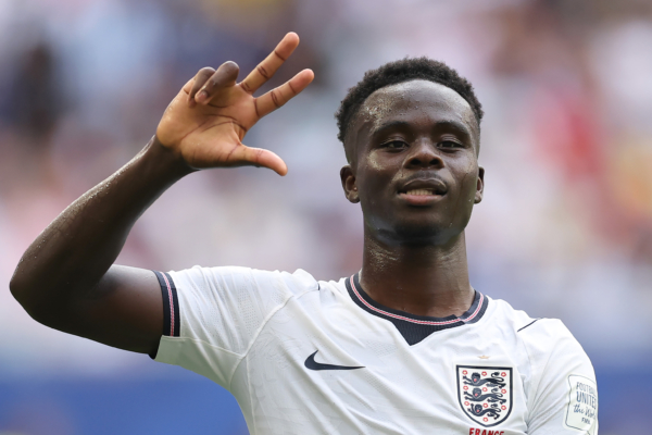 MIAMI GARDENS, FLORIDA - JULY 18: Bukayo Saka #7 of England celebrates after scoring his team's fifth and hat trick goal during the FIFA World Cup 2026 Bronze Final between France and England at Miami Stadium on July 18, 2026 in Miami Gardens, Florida.
