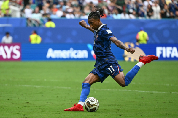 France's forward #11 Michael Olise shoots during the 2026 World Cup football tournament third-place match between France and England at the Miami Stadium in Miami on July 18, 2026.