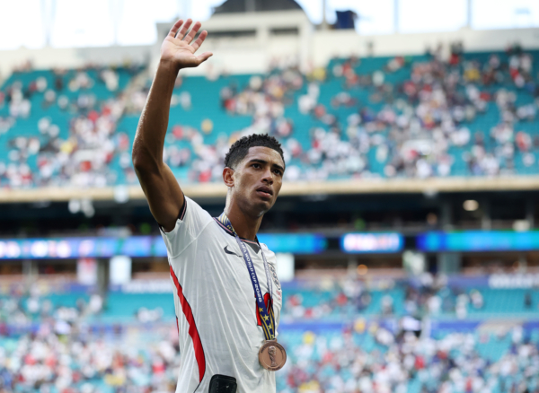 MIAMI GARDENS, FLORIDA - JULY 18: Jude Bellingham #10 of England applauds the fans after receiving the third place medal after the 6-4 win during the FIFA World Cup 2026 Bronze Final between France and England at Miami Stadium on July 18, 2026 in Miami Gardens, Florida.