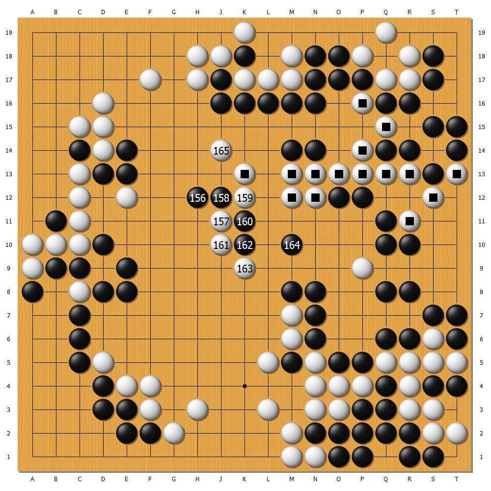 人機對戰「超級算力·韓經棋神賽」第2局,申真諝九段(黑)受二子vs.人工智能KataGo(白),第115至124手。(新唐人製圖)