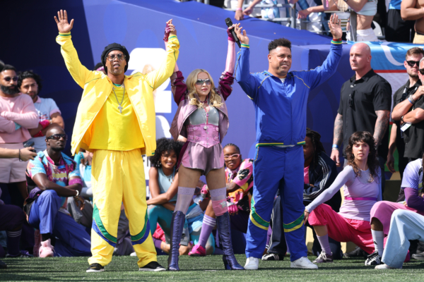 EAST RUTHERFORD, NEW JERSEY - JULY 19: Ronaldinho, Madonna and Ronaldo perform during the Topps Final Halftime Show in the FIFA World Cup 2026 Final match between Spain and Argentina at New York New Jersey Stadium on July 19, 2026 in East Rutherford, New Jersey.