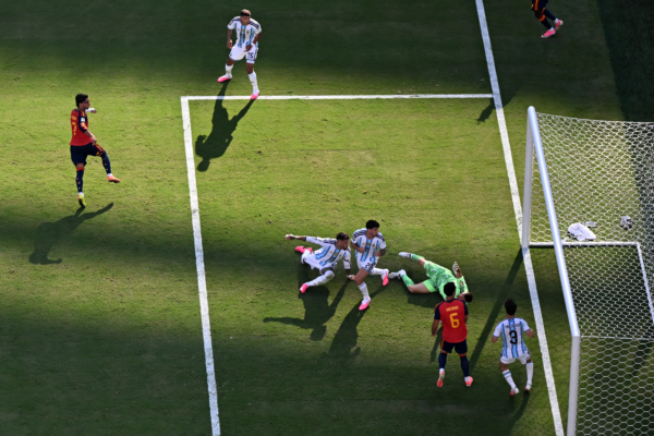 Spain's forward #07 Ferran Torres shoots and scores his team's first goal during the 2026 World Cup football tournament final match between Spain and Argentina at the New York/New Jersey Stadium in East Rutherford on July 19, 2026.