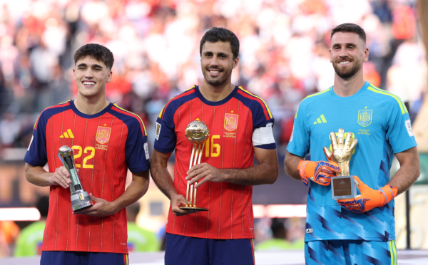 EAST RUTHERFORD, NEW JERSEY - JULY 19: Pau Cubarsi #22, Rodri #16 and Unai Simon #23 of Spain pose with their awards after the FIFA World Cup 2026 Final match between Spain and Argentina at New York New Jersey Stadium on July 19, 2026 in East Rutherford, New Jersey.