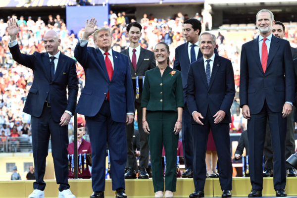 (L-R) FIFA President Gianni Infantino, US President Donald Trump, Mexico's President Claudia Sheinbaum, Canada's Prime Minister Mark Carney and Spain's King Felipe VI attend the trophy ceremony at the end of the 2026 World Cup football tournament final match between Spain and Argentina at the New York/New Jersey Stadium in East Rutherford on July 19, 2026.