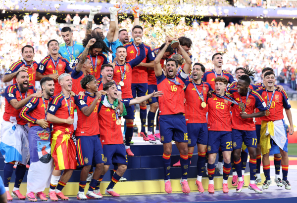 EAST RUTHERFORD, NEW JERSEY - JULY 19: Rodri #16 of Spain lifts the FIFA World Cup Winner’s Trophy after the team’s victory following the FIFA World Cup 2026 Final match between Spain and Argentina at New York New Jersey Stadium on July 19, 2026 in East Rutherford, New Jersey.