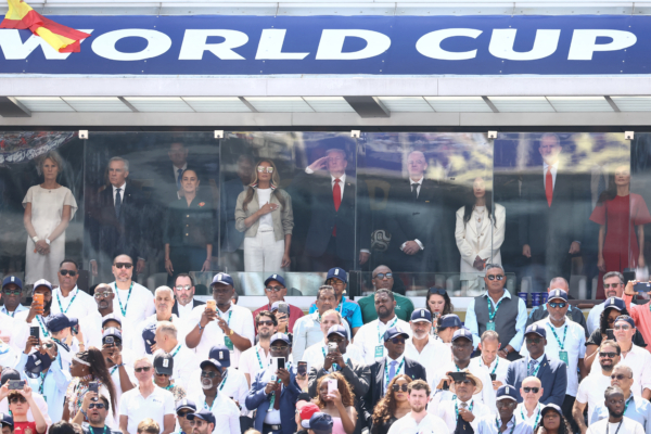 Canada's Prime Minister Mark Carney (2ndL) and his wife Diana Fox Carney, Mexico's President Claudia Sheinbaum, US First Lady Melania Trump, US President Donald Trump, FIFA President Gianni Infantino and his wife Leena Al Ashqar, Spain's King Felipe VI and Spain's Queen Letizia stand for the national anthem ahead of the 2026 World Cup football final between Spain and Argentina in East Rutherford, New Jersey on July 19, 2026.