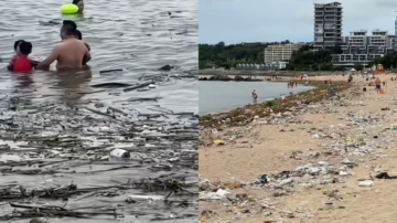 广东海滩遍地垃圾 游客在垃圾中游泳（视频）