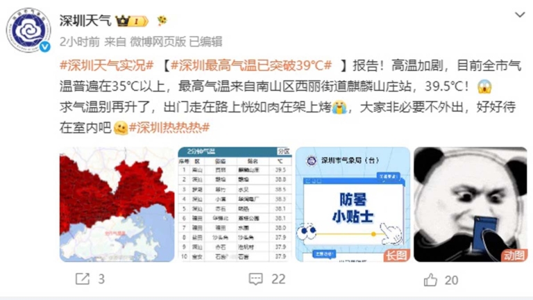 「白海豚」給深圳帶來8天極端高溫 最高錄得39.5℃