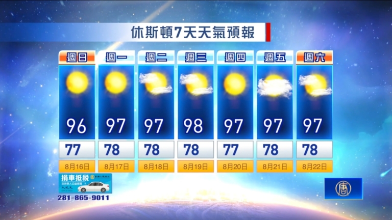 休斯頓天氣預報（8月16日至22日）