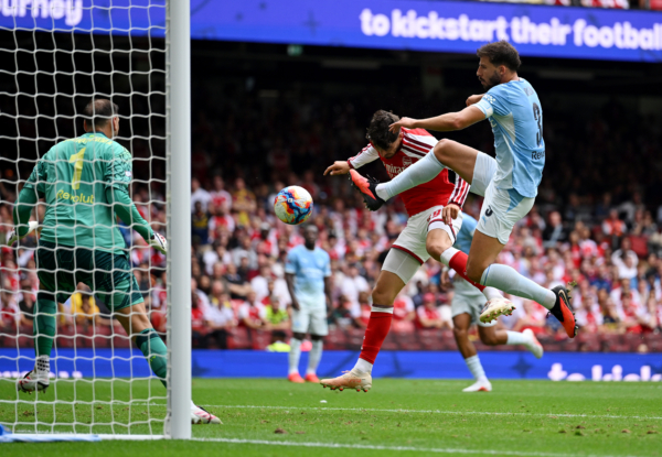 CARDIFF, WALES - AUGUST 16: Kai Havertz of Arsenal scores his team's second goal during the 2026 FA Community Shield match between Arsenal and Manchester City at Principality Stadium on August 16, 2026 in Cardiff, Wales.
