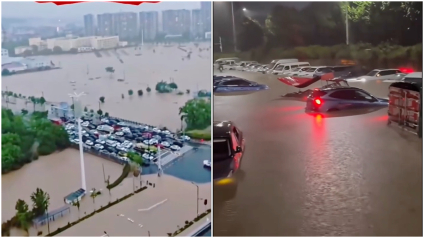 昆明強降雨 街道積水深處達7、8米 車輛泡水(視頻)