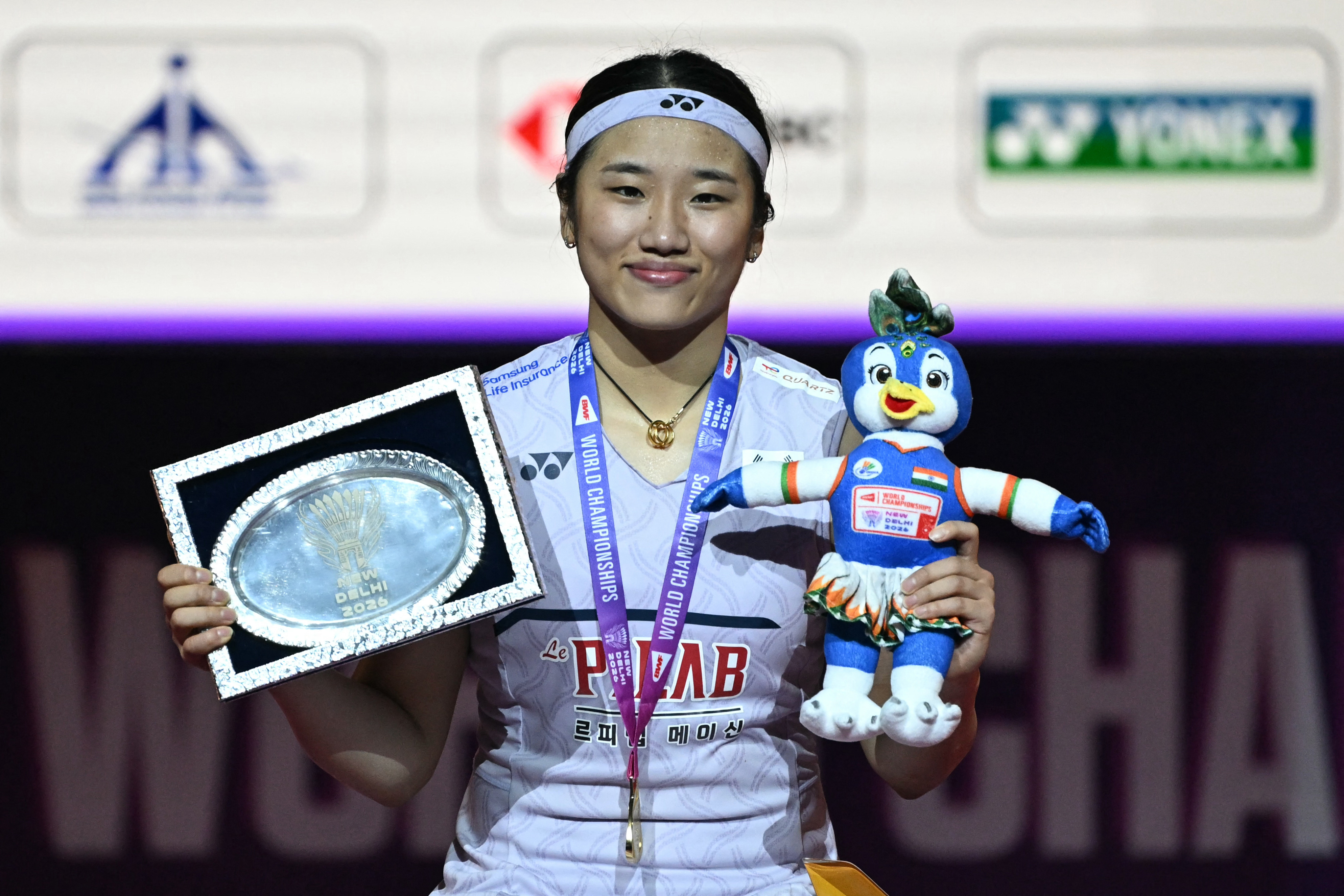 2026年世界羽毛球锦标赛女单冠军，韩国选手安洗莹。(Sajjad HUSSAIN / AFP via Getty Images)