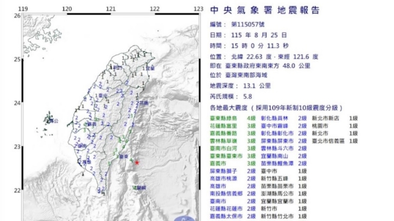 台灣東海南部海域發生5.8地震 網友稱左右搖晃