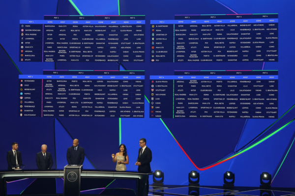 (From L) Spanish former football player David Villa, UEFA Deputy General Secretary Giorgio Marchetti, French former football player Thierry Henry, British-Bangladeshi sports journalist Reshmin Chowdhury and UEFA Managing Director of Communications Pedro Pinto stand under a screen displaying fixtures of the league phase of the 2026-2027 UEFA Champions League football tournament during the draw ceremony at the Grimaldi Forum in the Principality of Monaco on August 27, 2026. 