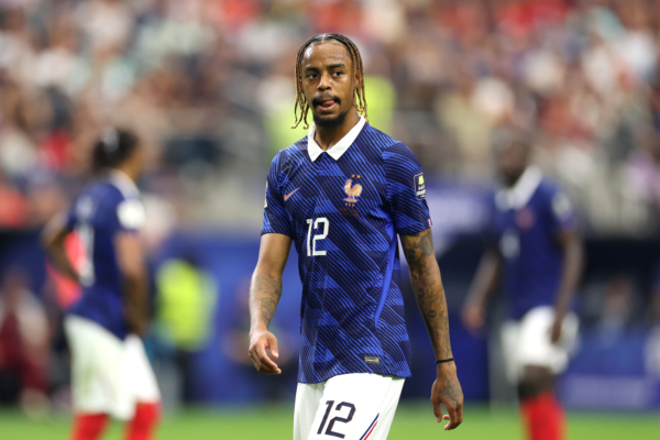 ARLINGTON, TEXAS - JULY 14: Bradley Barcola #12 of France looks on during the FIFA World Cup 2026 Semi Final match between France and Spain at Dallas Stadium on July 14, 2026 in Arlington, Texas.