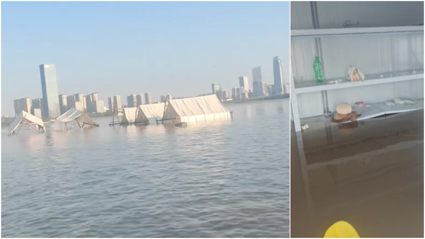 赣江水暴涨 一处露营地被淹 30顶帐篷只剩下几顶