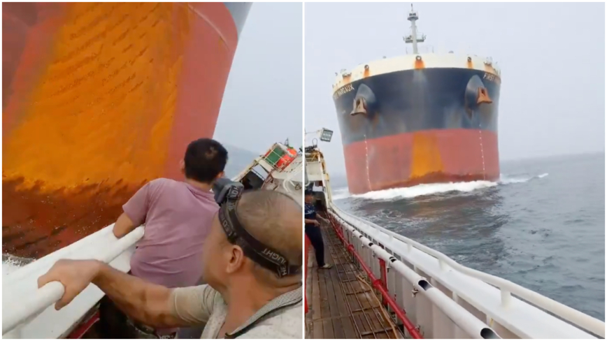 中国渔船遭229米巨型货轮撞击 船员拍下惊险画面（视频）